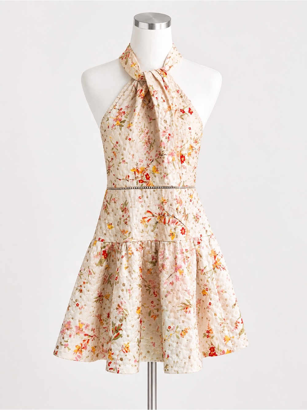 ML Monique Lhuillier Floral Metallic Halter Fit & Flare Mini Dress size 6